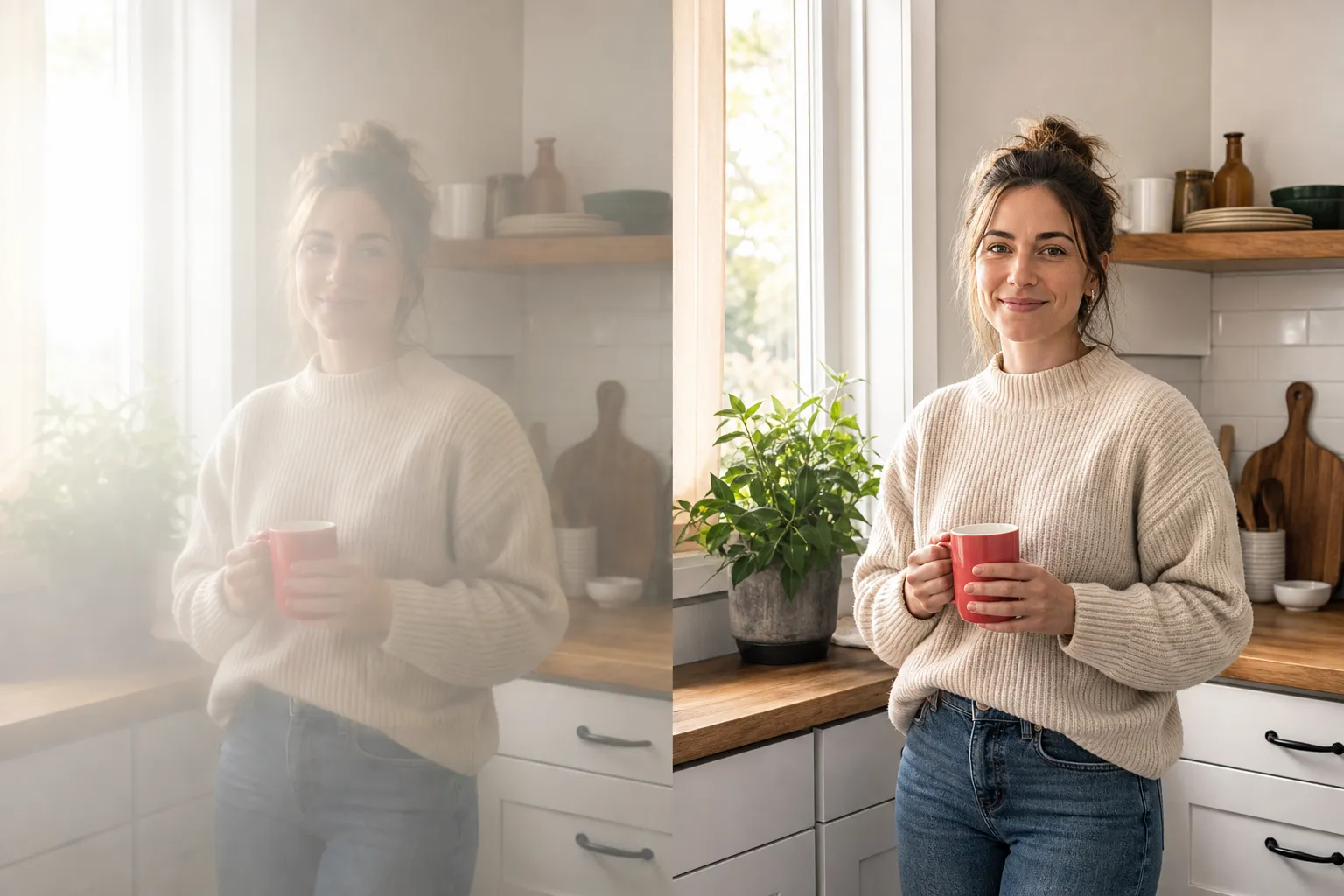 The same phone photo shown two ways, hazy and washed out on the left and crisp and well exposed on the right, showing the gap is the habit not the camera.