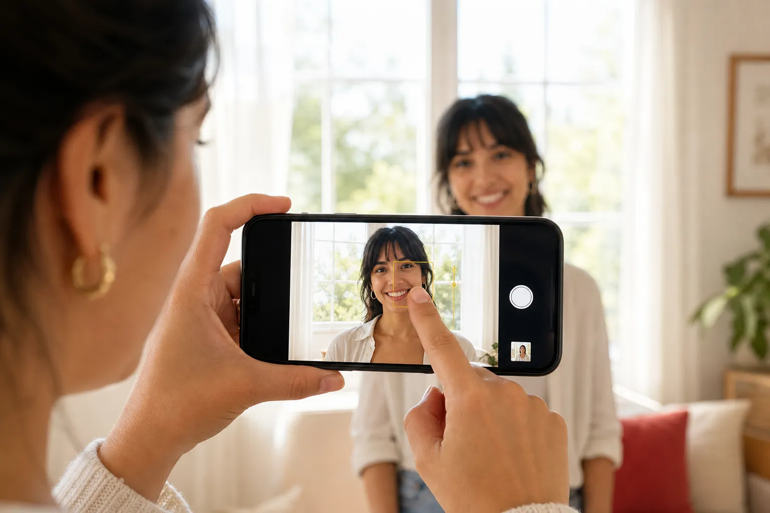 A hand holding a phone with a thumb tapping the friend's face on the camera screen, setting focus and brightness so the face is correctly lit against a bright window.