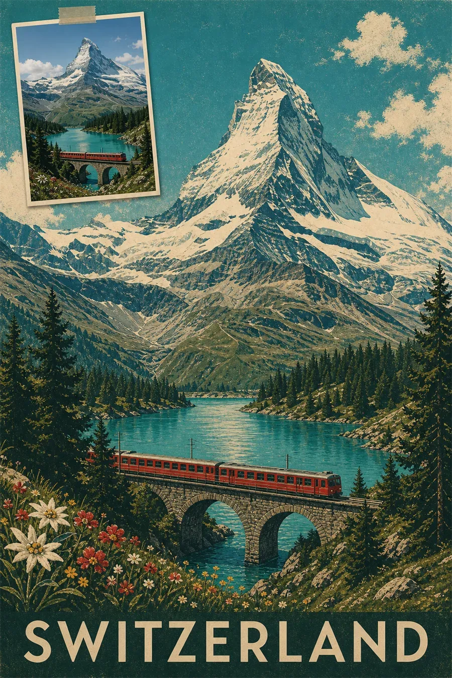A Swiss Alps snapshot beside the vintage poster generated from it