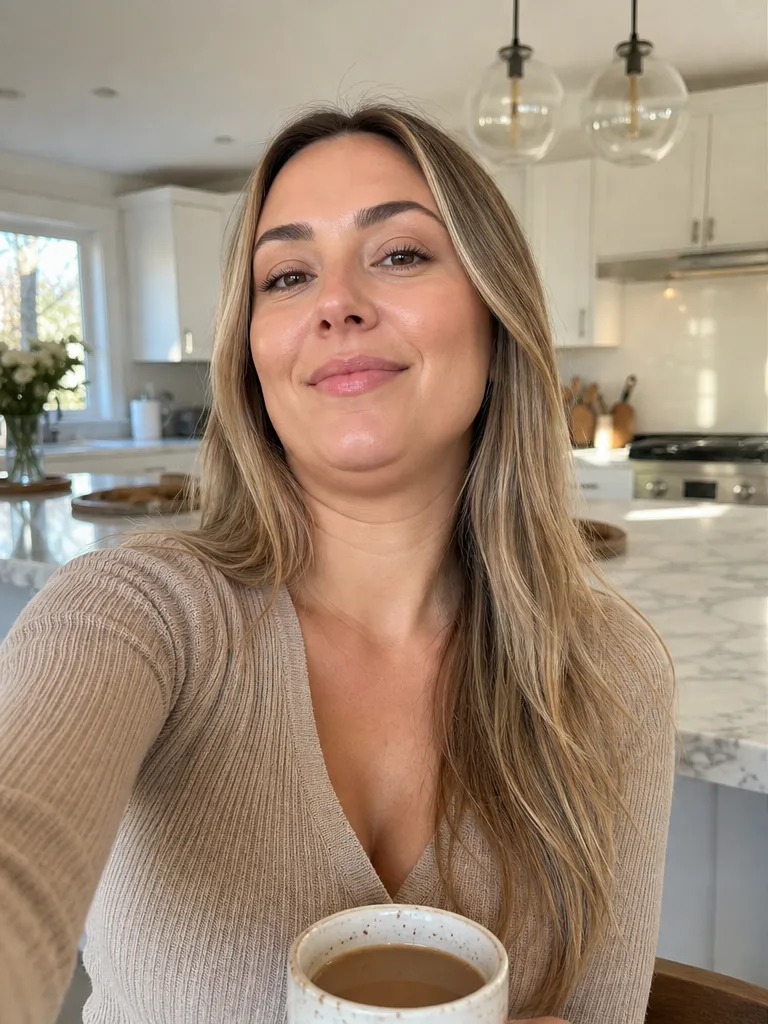 The same woman at a kitchen island shot from a low, close phone angle, her chin and jaw looking soft.