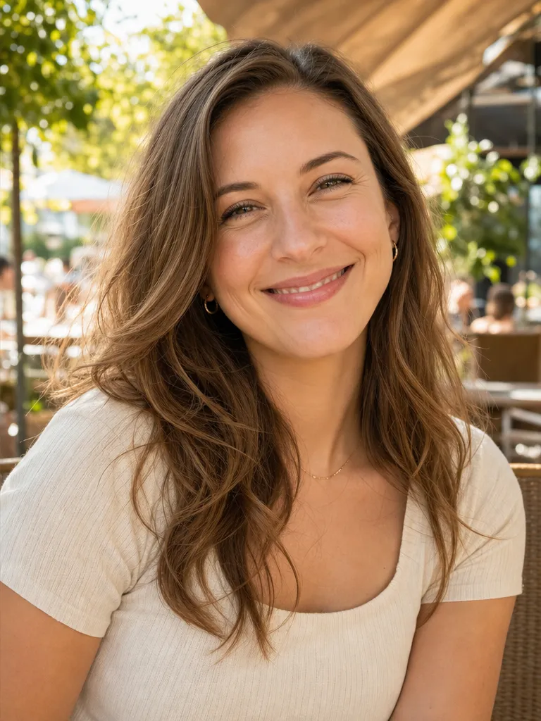 The same woman with a genuine eyes-engaged smile and a slight lower-lid squinch, eyes warm and crinkled.