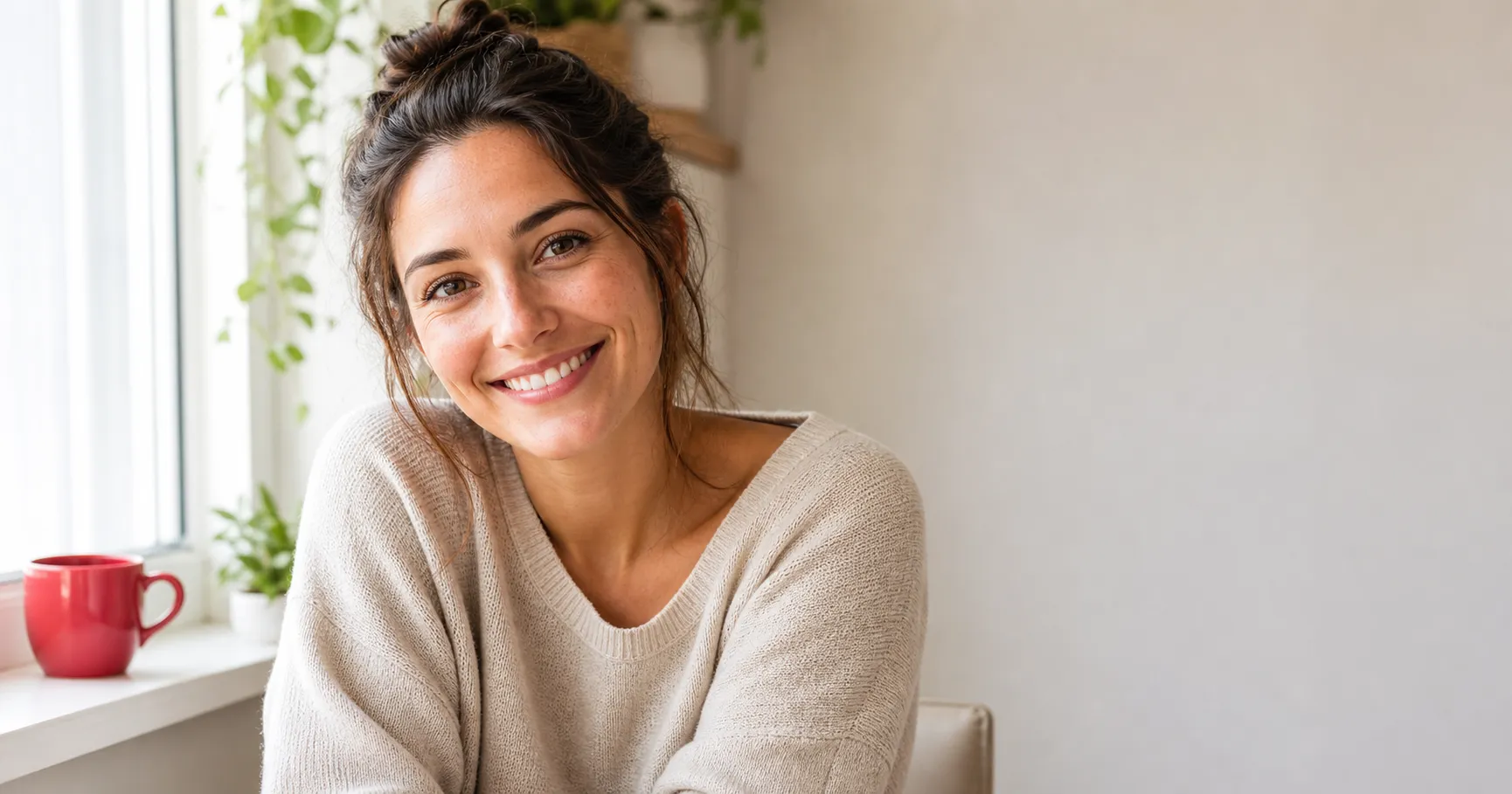 A relatable everyday woman photographed in soft window light at eye level with a genuine smile, showing the three photogenic levers: angle, light, and expression.