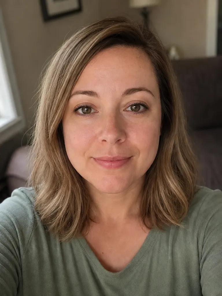 The same person shot from slightly above the eyeline with the camera tipped down, showing a defined jawline and larger, open eyes.
