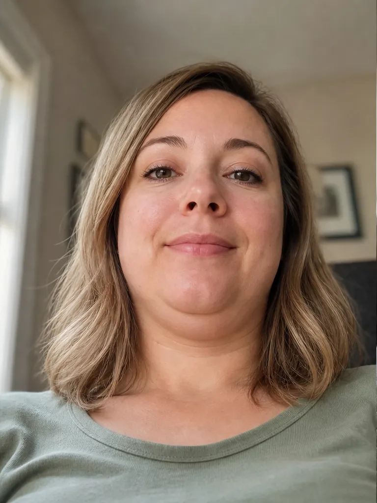 A person shot from chest height with the camera angled up, showing a softer jawline, visible nostrils, and smaller eyes.