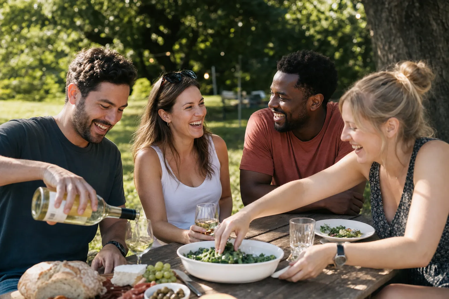 A small group of four ordinary people laughing together mid-activity around a table, naturally grouped rather than posed in a stiff line.