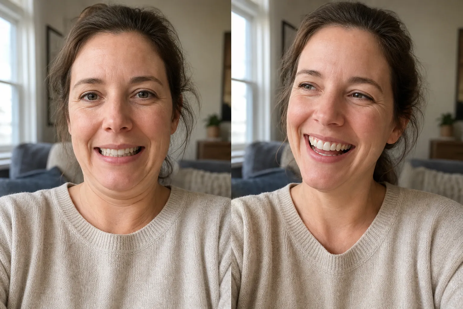 The same everyday person photographed two ways, a stiff posed smile on the left and a relaxed, directed laugh on the right, showing why directing beats posing.