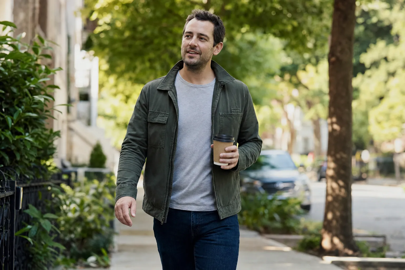 A person walking toward the camera mid-step holding a coffee cup, glancing off to the side, relaxed and candid rather than posed.