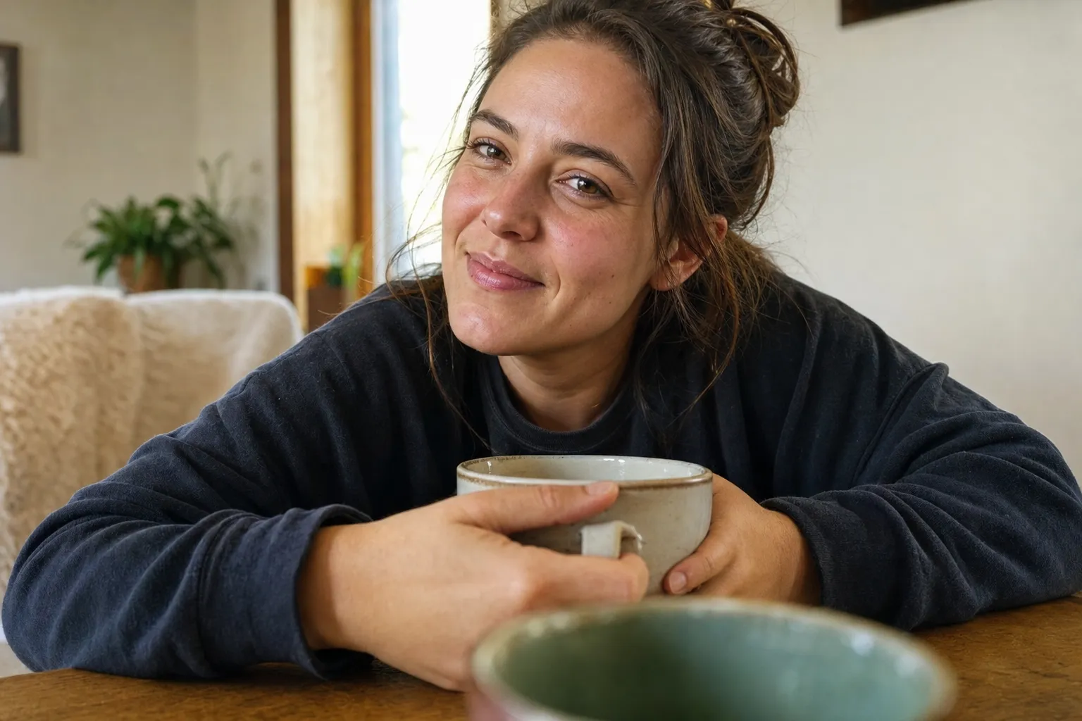 Someone photographing their partner across a table, the subject relaxed and unguarded because of the comfort already between them.