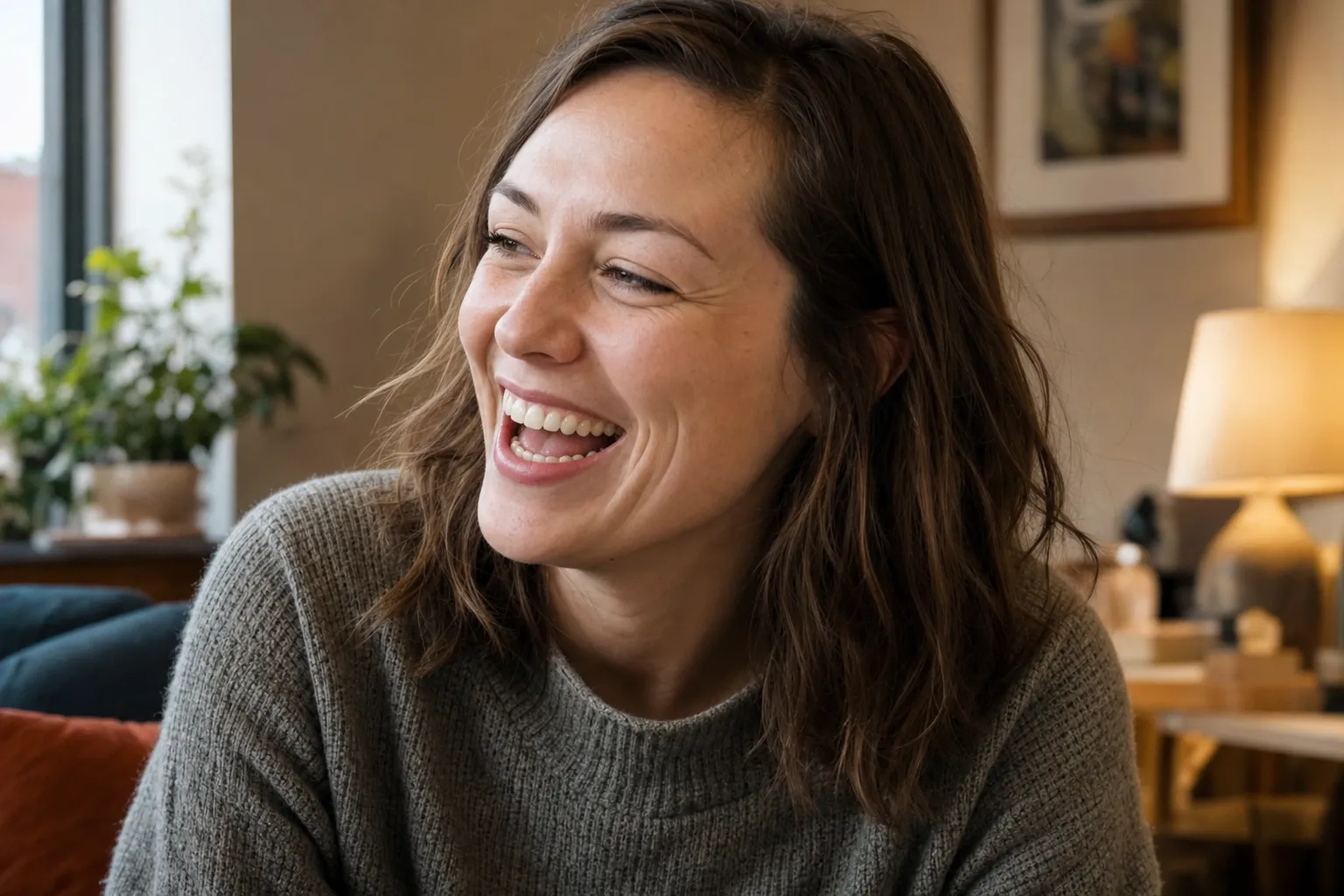 A person caught mid-laugh in real conversation, eyes crinkled in a genuine smile, captured between words rather than on a posed cue.