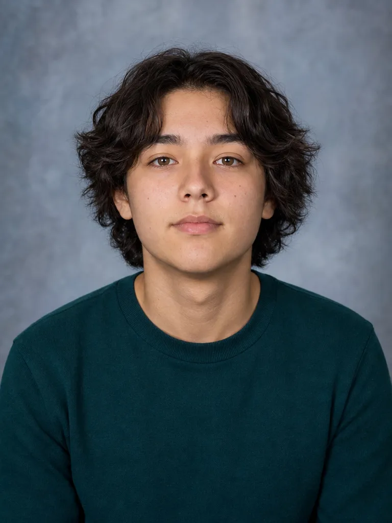The same young person with chin pushed forward and down and shoulders relaxed, jawline defined.