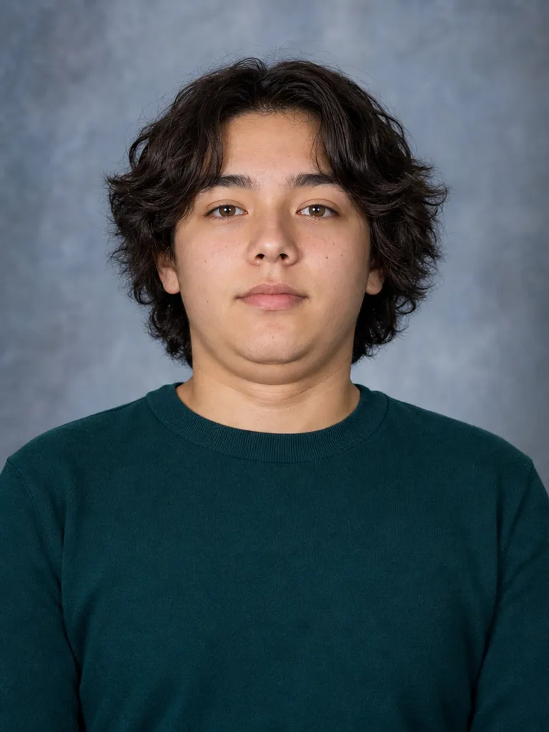 A young person sitting stiffly for a picture-day photo with chin pulled back and a softened jawline.