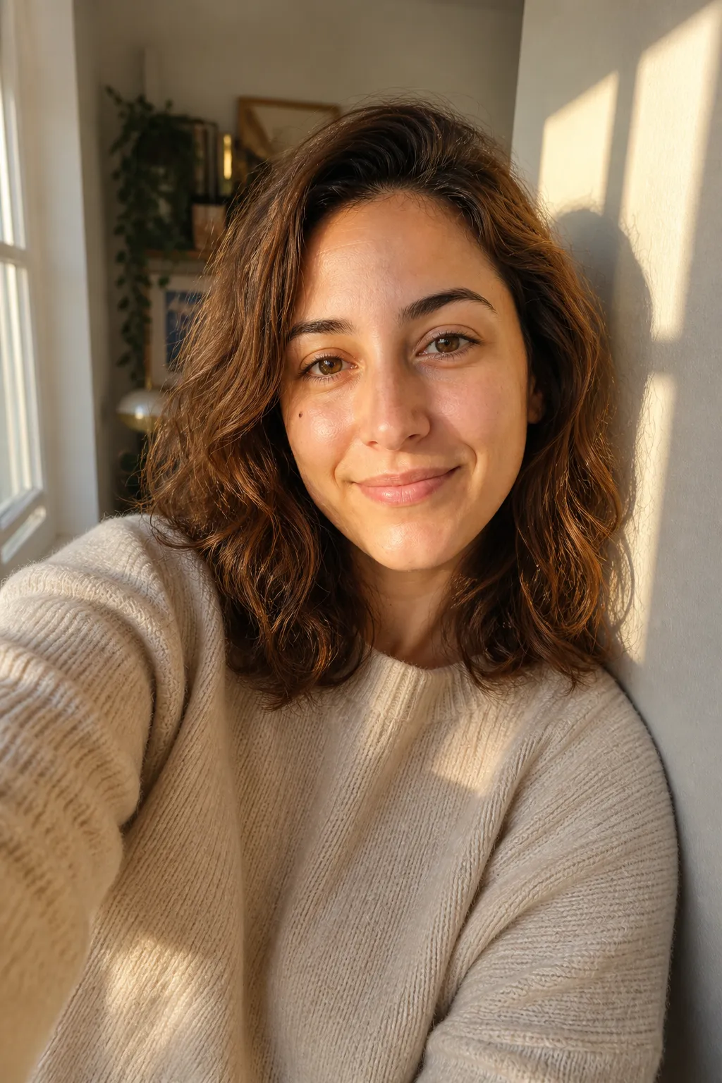 A woman taking a selfie beside a bright window at home with afternoon light raking across her face, an aesthetic at-home selfie idea.