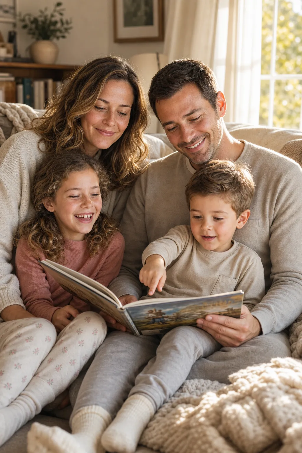 A family of four piled on a couch reading a picture book together in warm window light, the toddler pointing at a page.