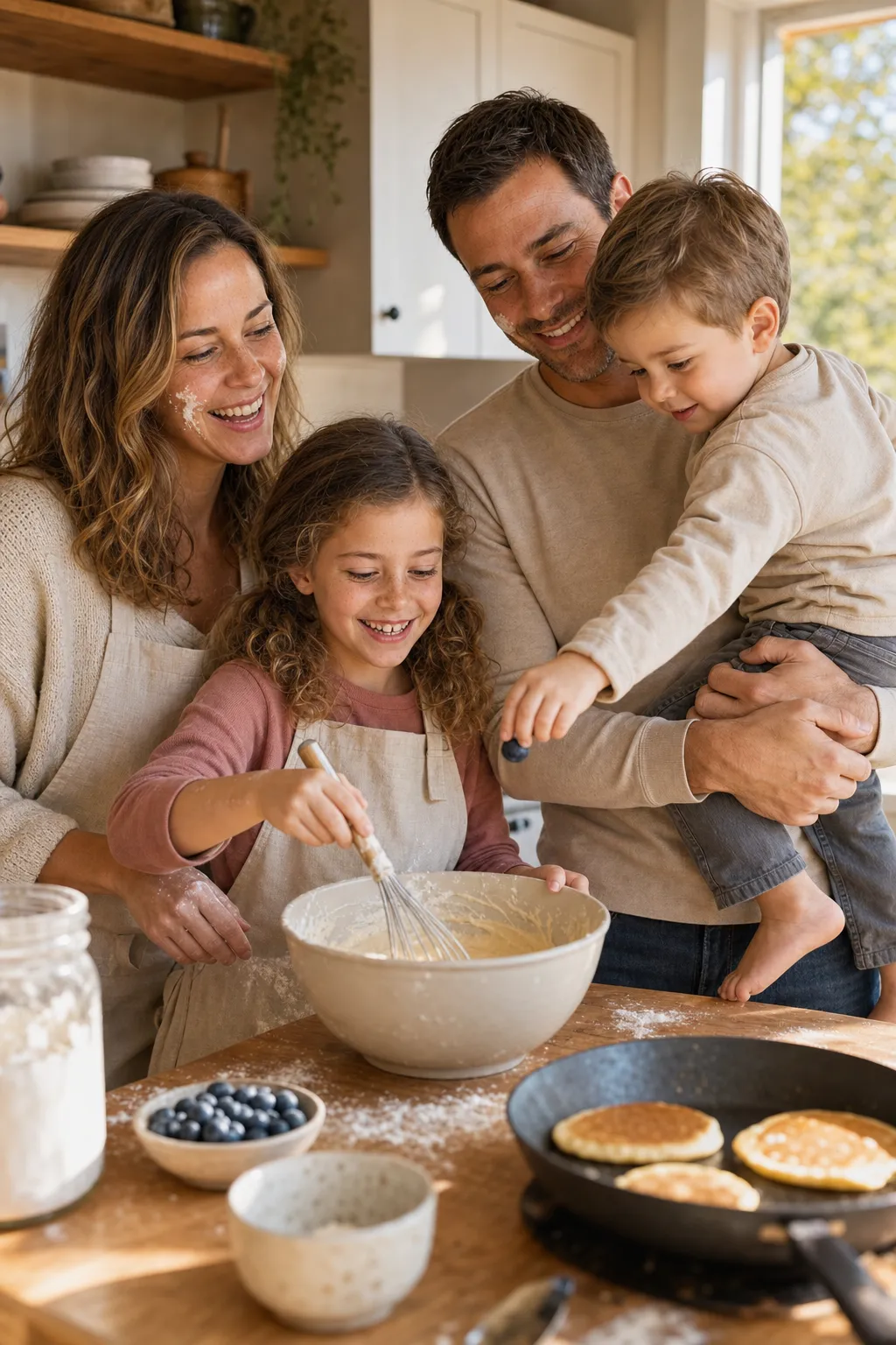 A family of four making pancakes together in a sunlit kitchen, a child stirring a bowl on a stool and the toddler reaching to add a blueberry.