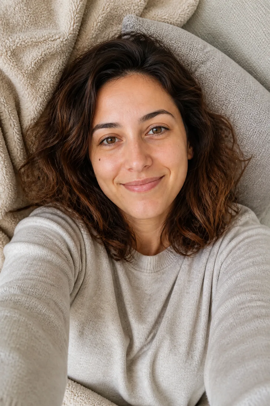 A woman taking a cozy selfie lying back on a couch among soft blankets with the phone held above her face, a top-down at-home selfie idea.