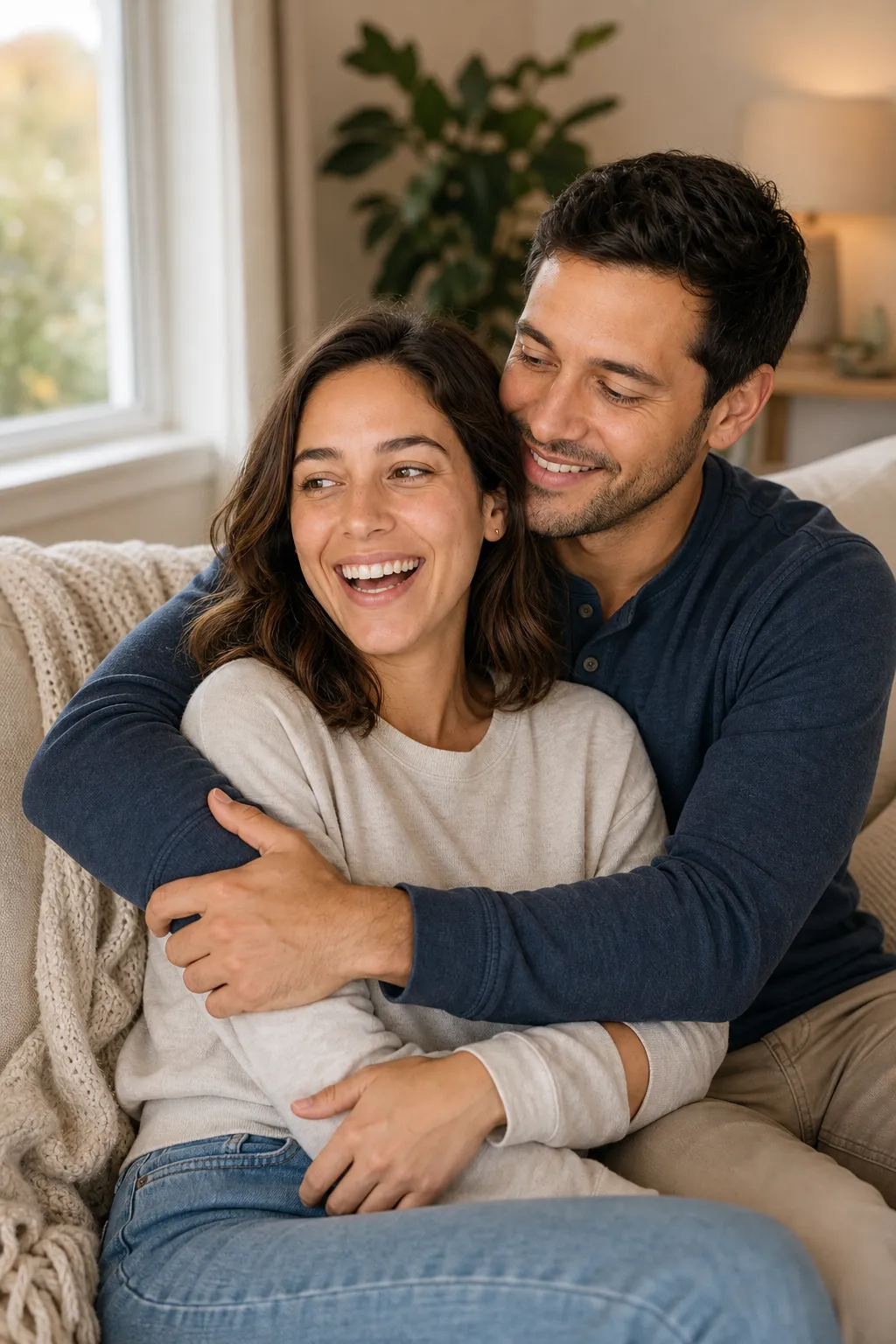A couple in a back-hug on the couch, both laughing, a cozy at-home couple pose.