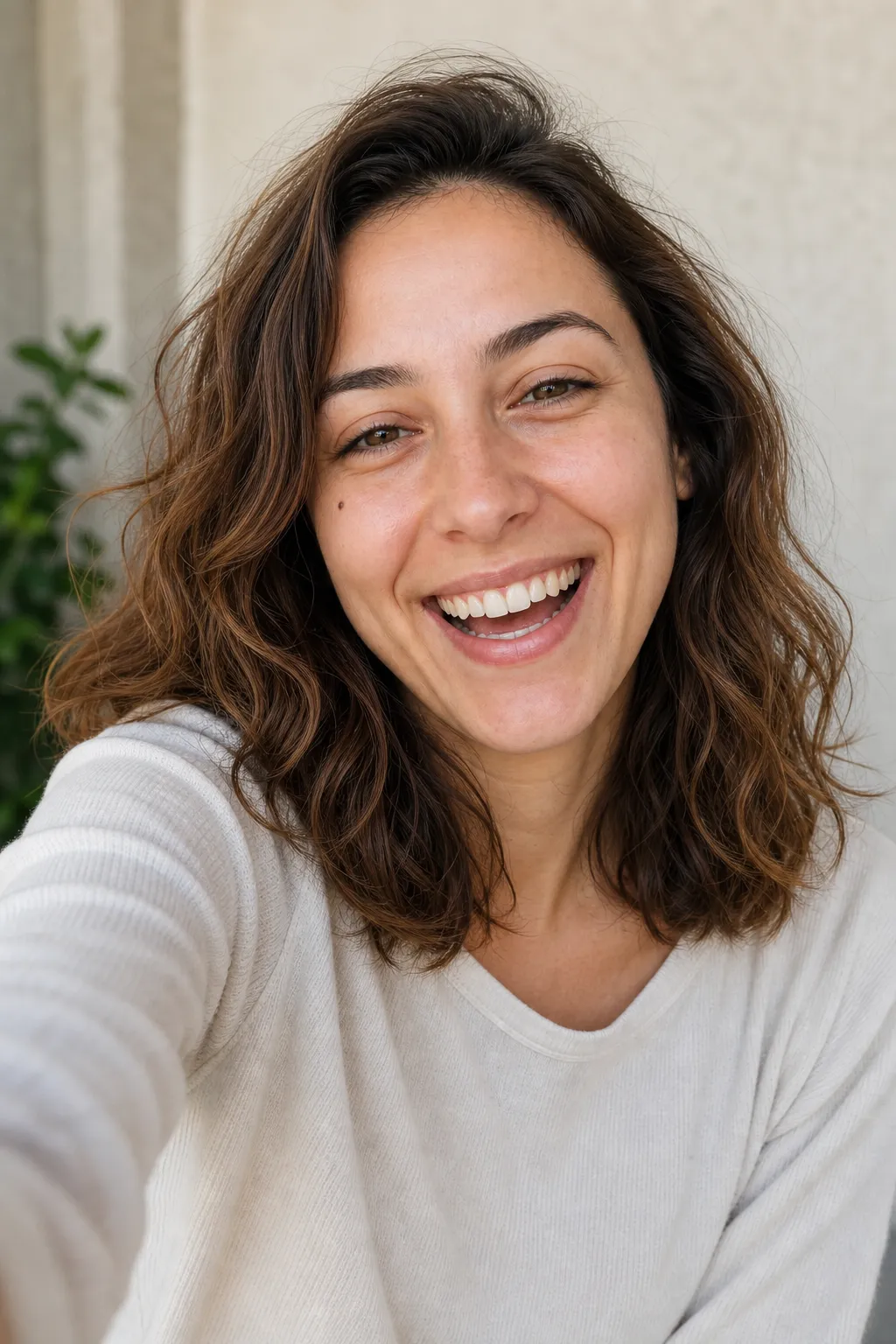 A woman taking a selfie caught mid-genuine-laugh with crinkled eyes, a candid-feeling selfie idea.
