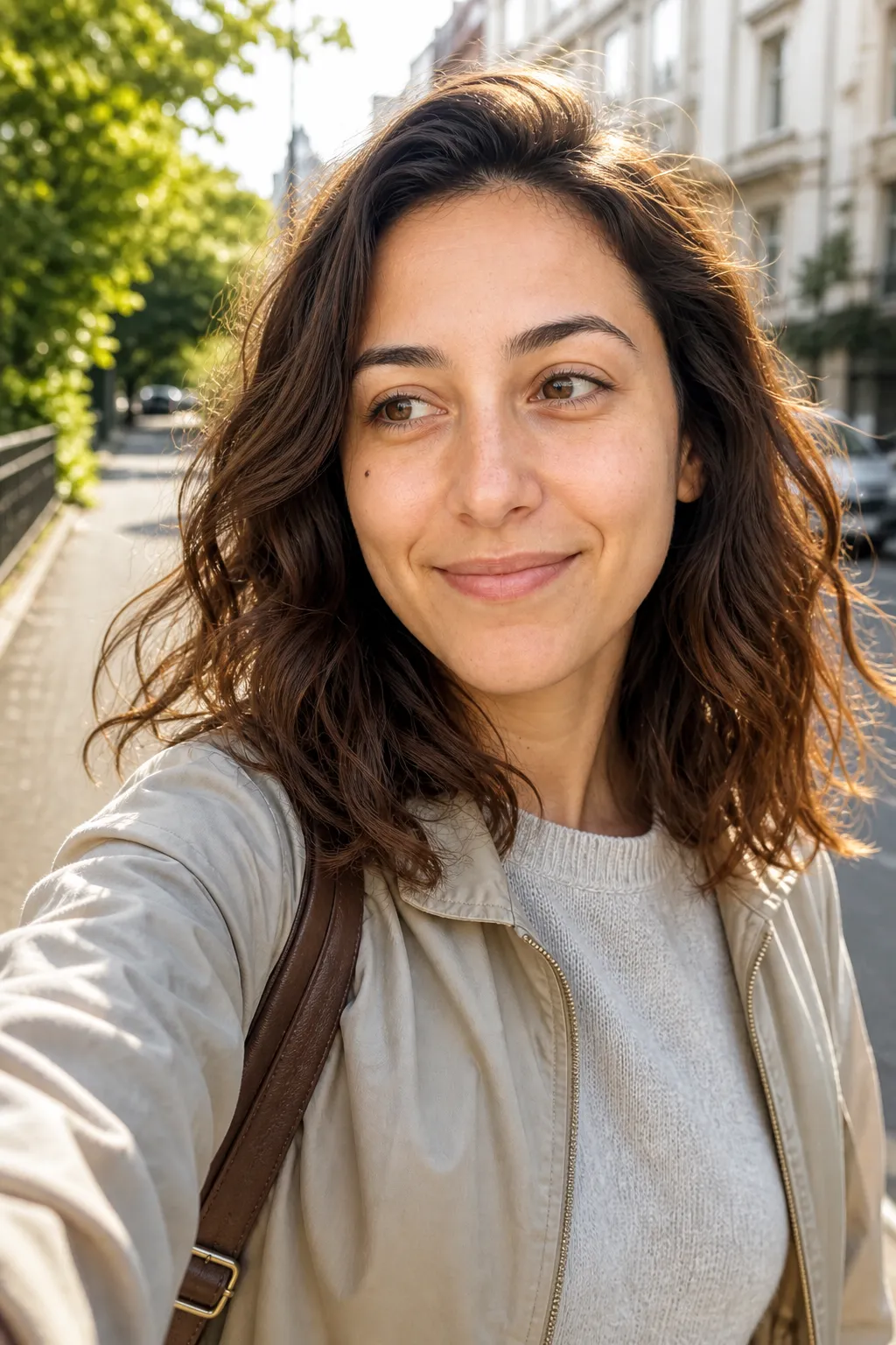 A woman taking a selfie outdoors while walking, caught mid-stride in golden daylight, a candid-feeling selfie idea.