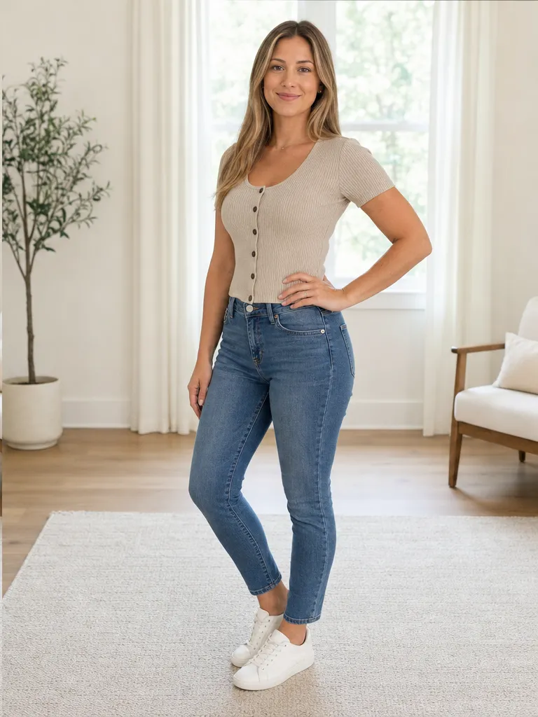 The same woman turned off-square with a hand on her hip and her weight on her back foot, looking relaxed.