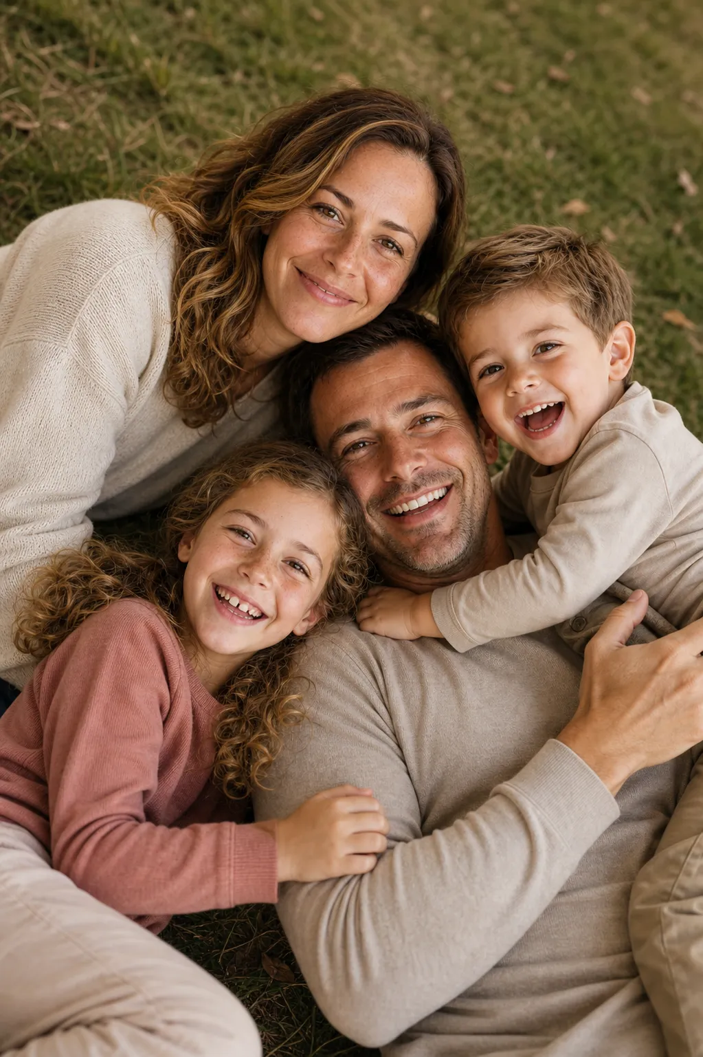 A family of four piled together on the grass laughing, Dad lying back with everyone draped over him.