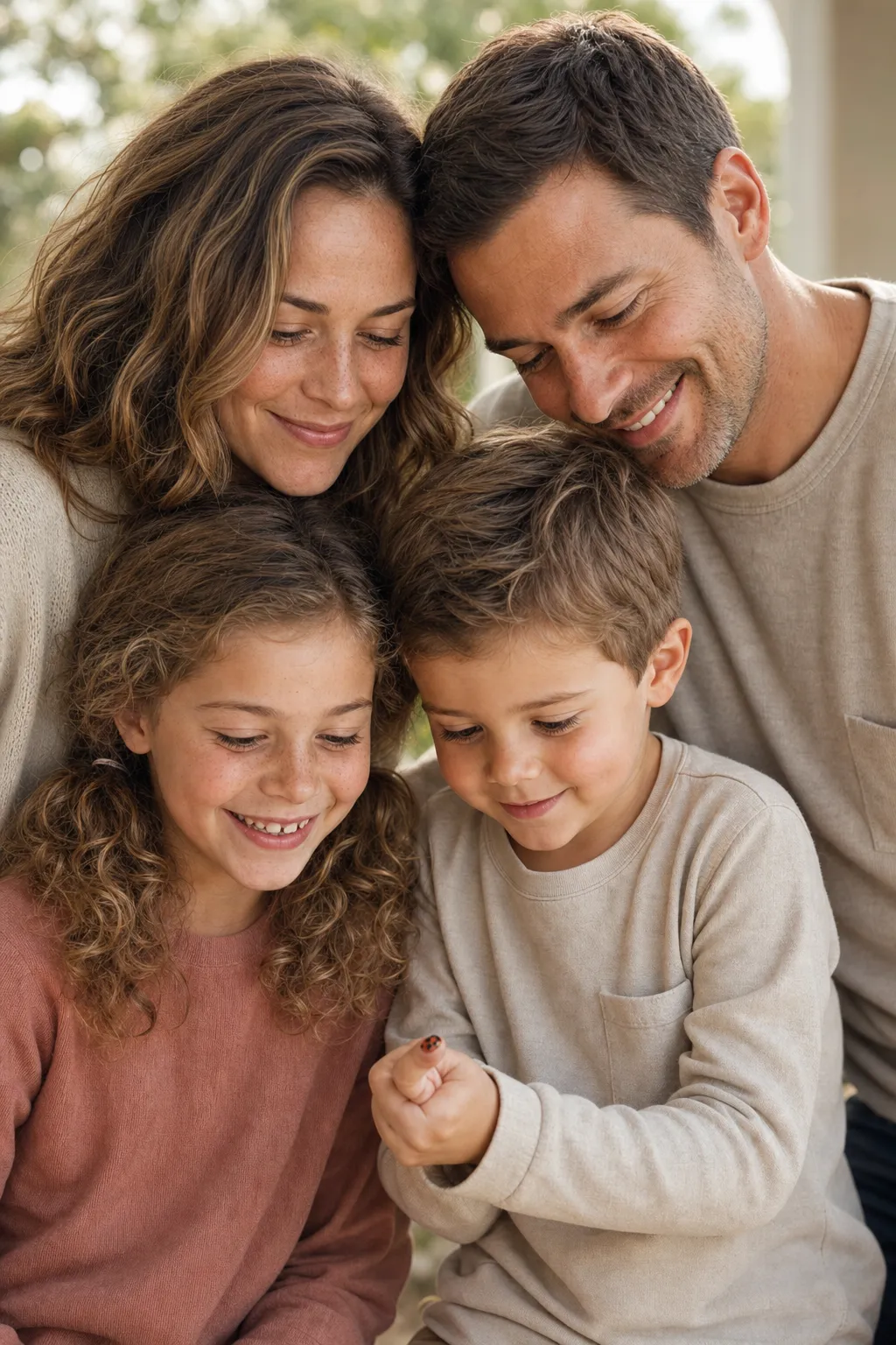 A family of four in a close huddle, heads tipped together looking down at something small the youngest is holding.
