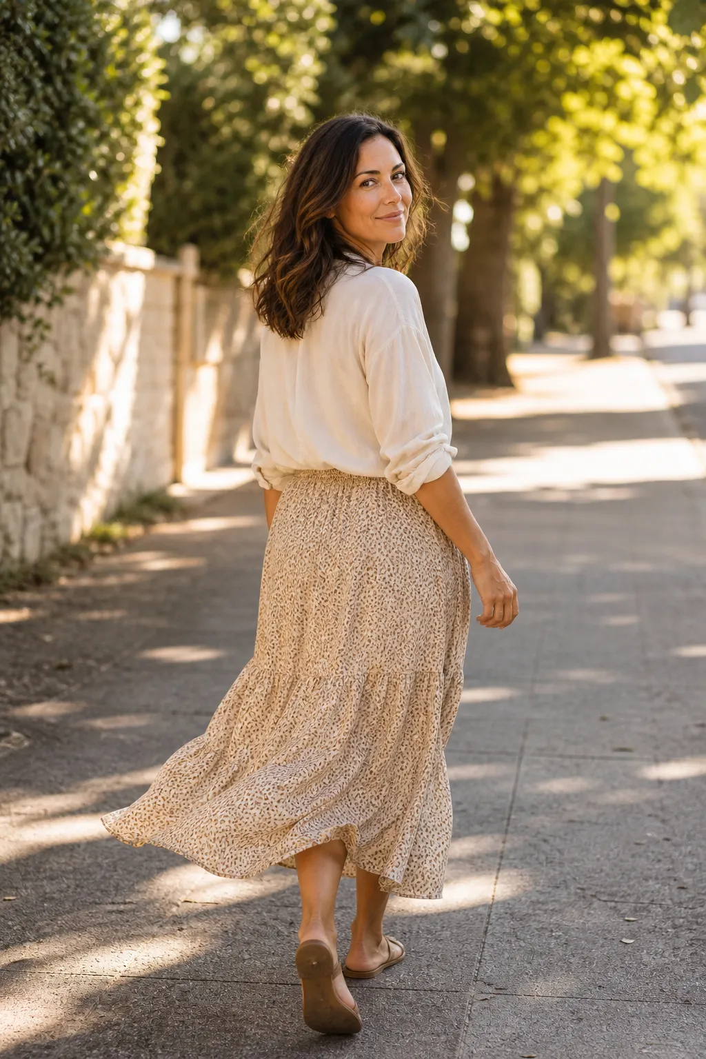 A woman walking away down a sunlit path and glancing back over her shoulder, a candid full-body Instagram pose.