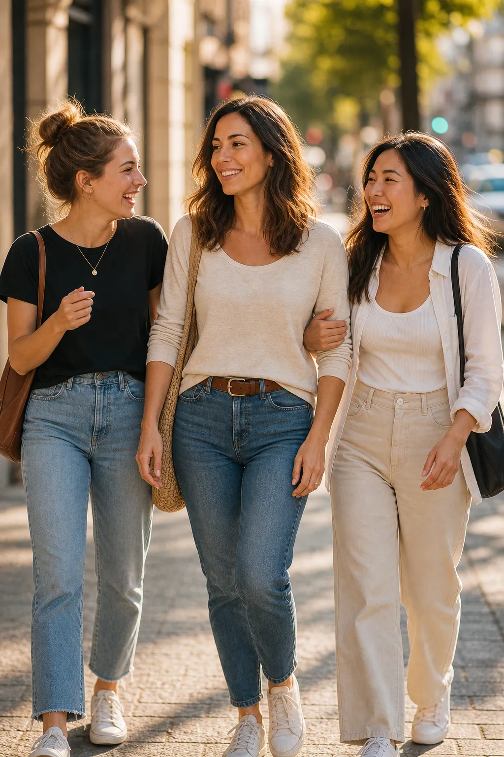 Three friends walking together down a sunlit street mid-laugh with arms linked, a candid with-friends Instagram pose.