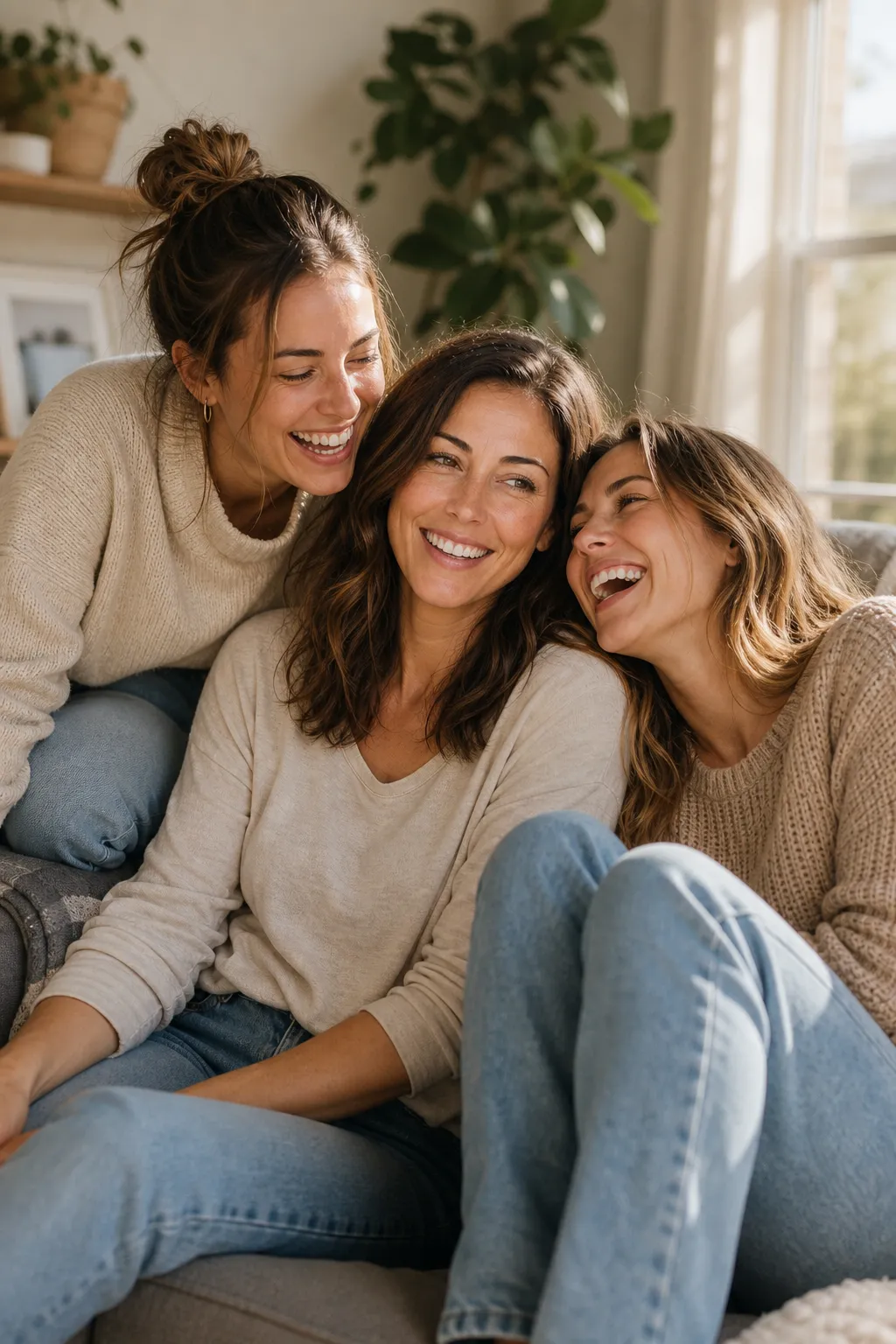 Three friends piled close on a sunlit couch at different heights, laughing together, a candid with-friends Instagram pose.