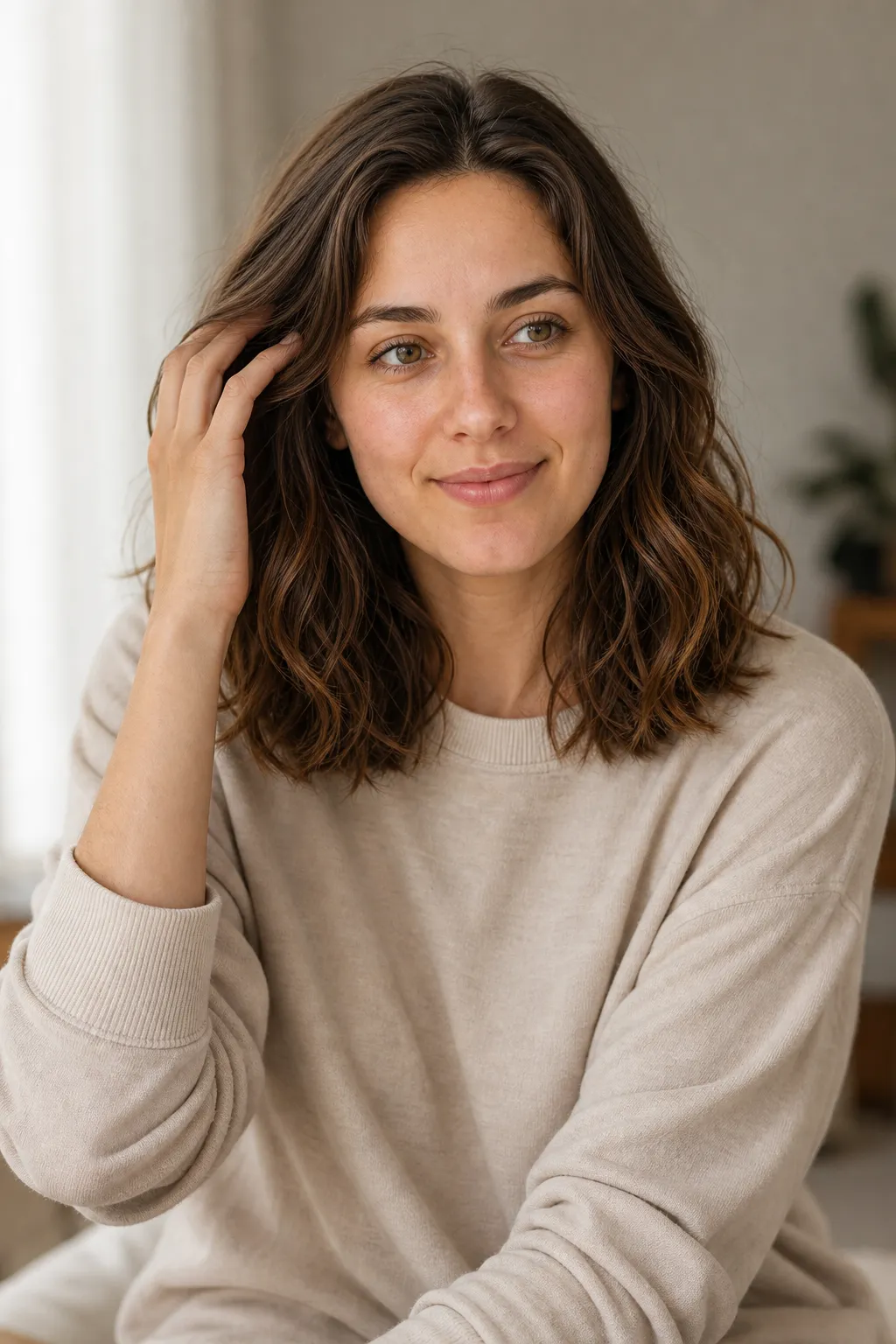 A woman with one hand softly lifted to the side of her hair, framing her face, an example of what to do with your hands in a photo.
