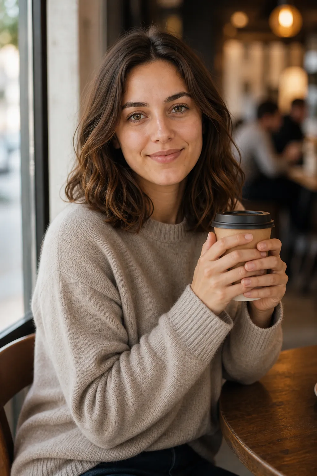 A woman holding a coffee cup in both hands at a cafe and glancing up at the camera, an easy way to know what to do with your hands in a photo.