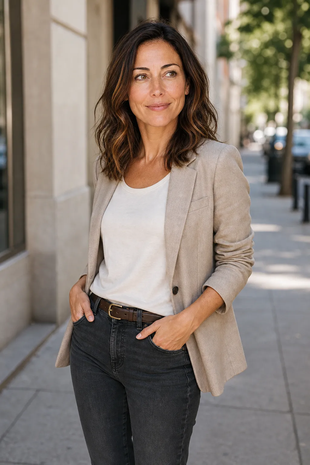 A woman standing with thumbs hooked into her front pockets and shoulders angled, looking off-camera, an easy hands-in-pockets Instagram pose.
