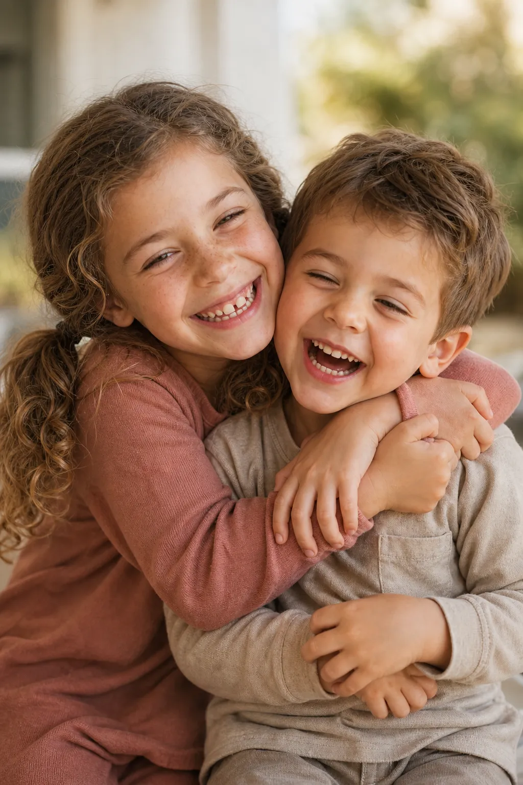 Two young siblings squished cheek to cheek and laughing, the older sister hugging her little brother.