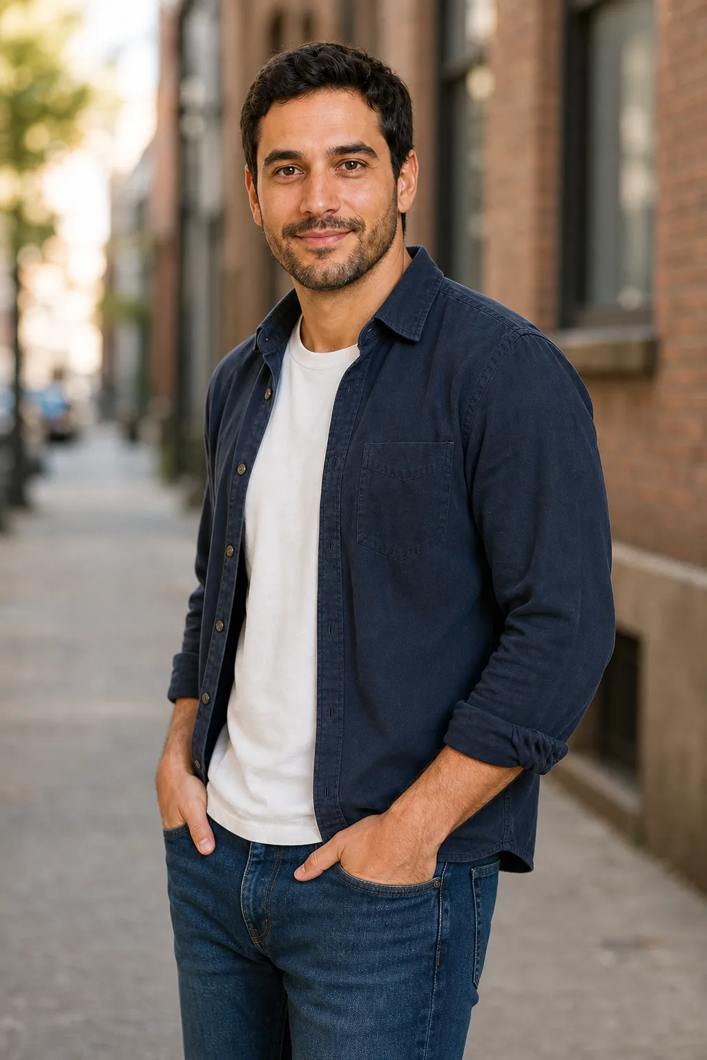 A man standing at a relaxed three-quarter angle with thumbs hooked in his pockets and an easy half-smile, a natural standing photo pose for men.