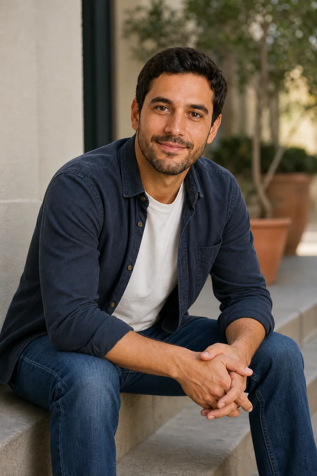 A man sitting on a step leaning forward with forearms on his knees and hands clasped, a relaxed seated photo pose for men.