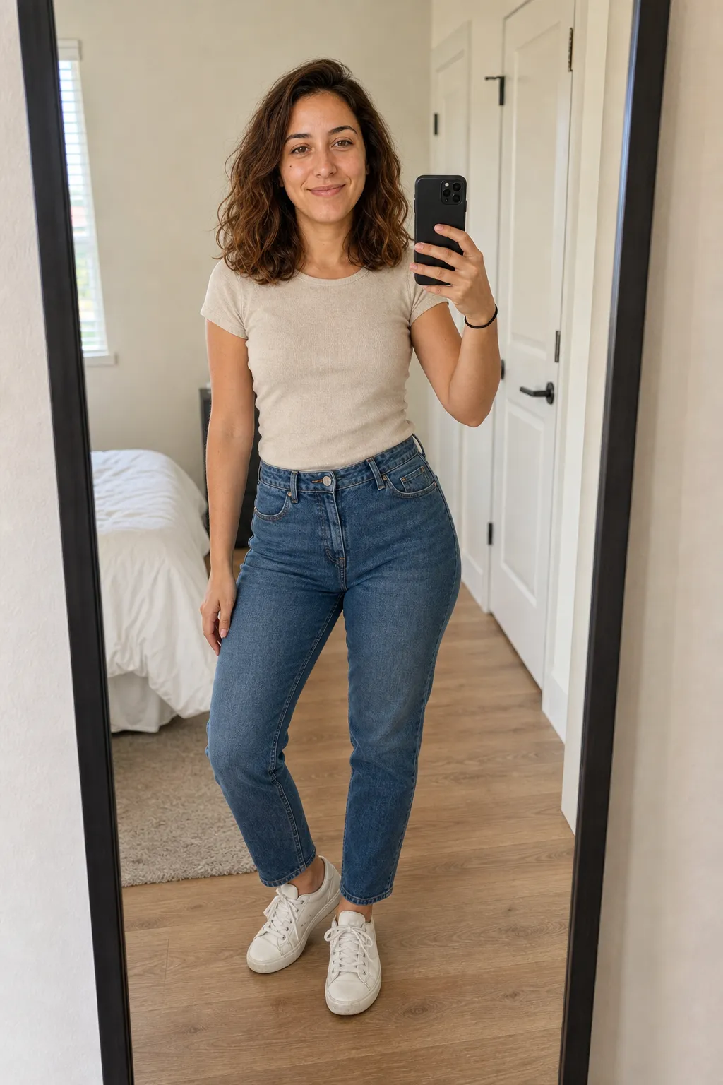 A woman taking a full-length mirror selfie with the phone held to the side so her face stays visible and her weight shifted onto one leg.