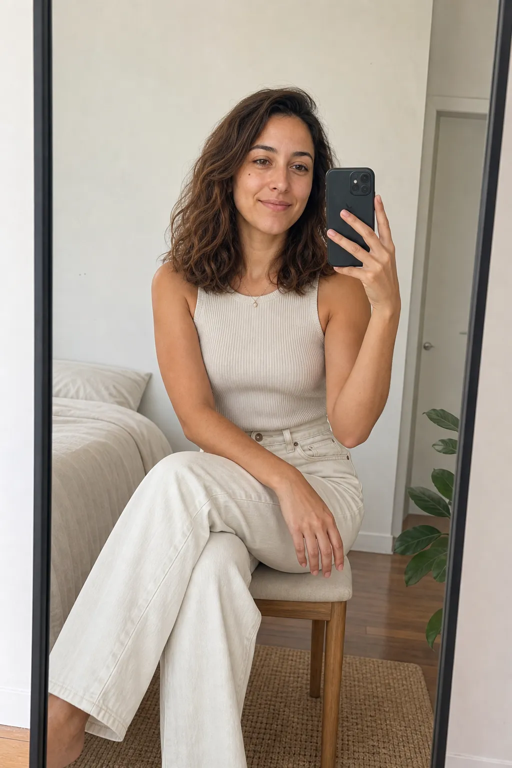 A woman taking a seated mirror selfie perched on a low stool with knees angled to one side, a relaxed mirror-selfie pose.