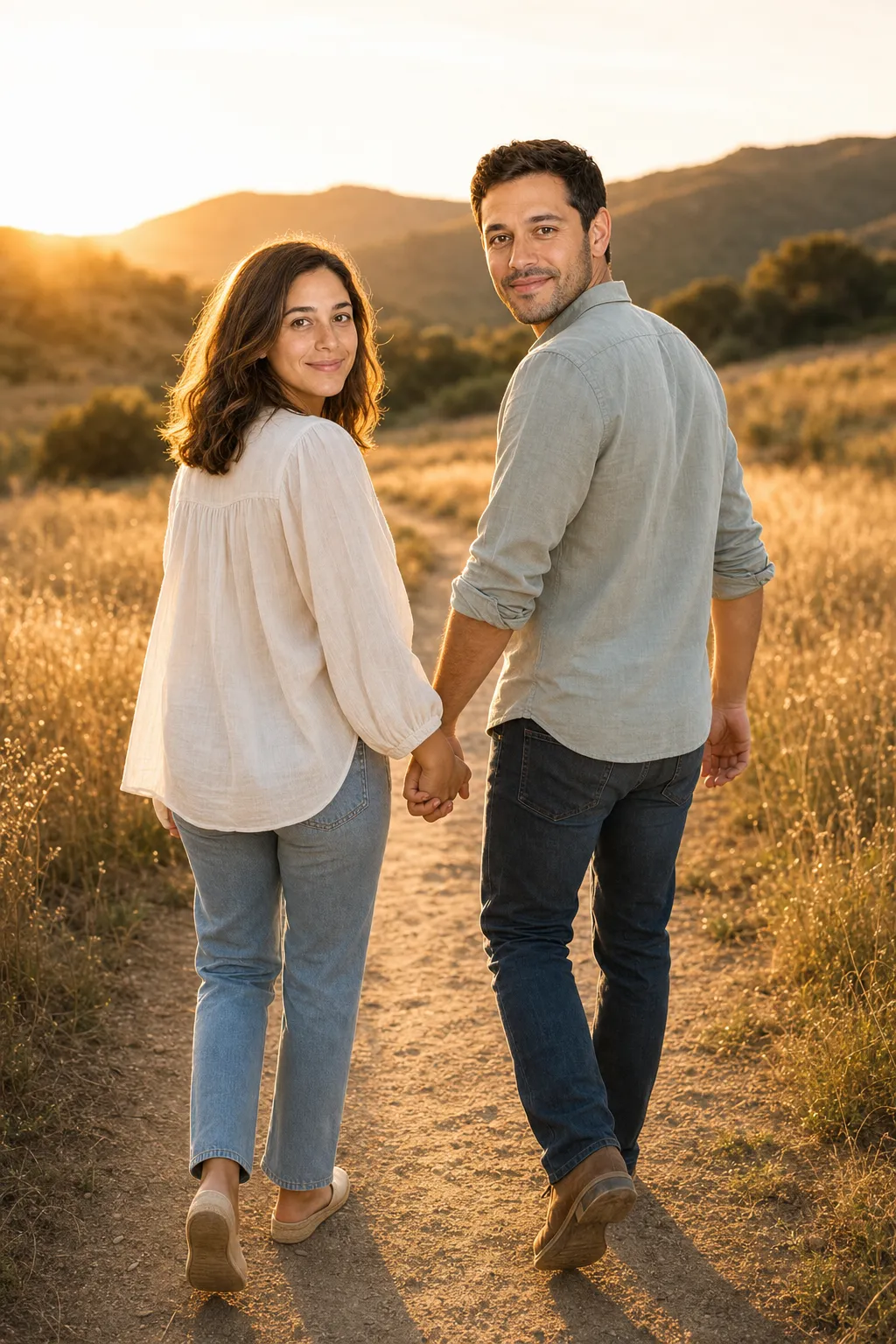 A couple walking away holding hands at golden hour, one looking back toward the camera.