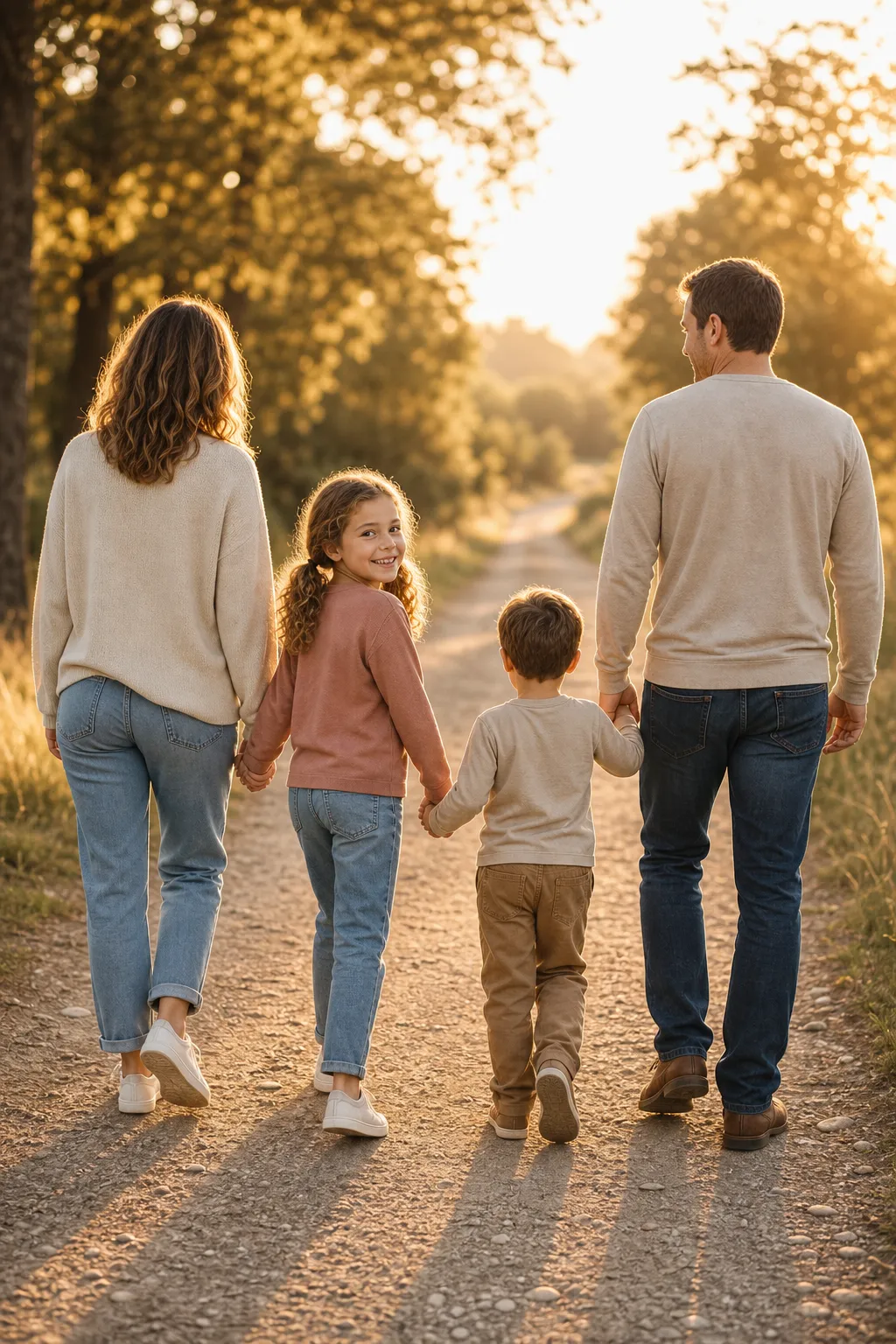 A family of four walking away down a path at golden hour holding hands, the daughter glancing back over her shoulder.
