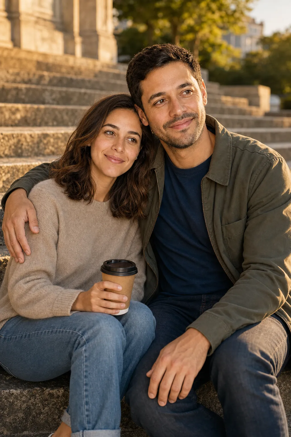 A couple sitting on a set of steps outdoors, leaning into each other.