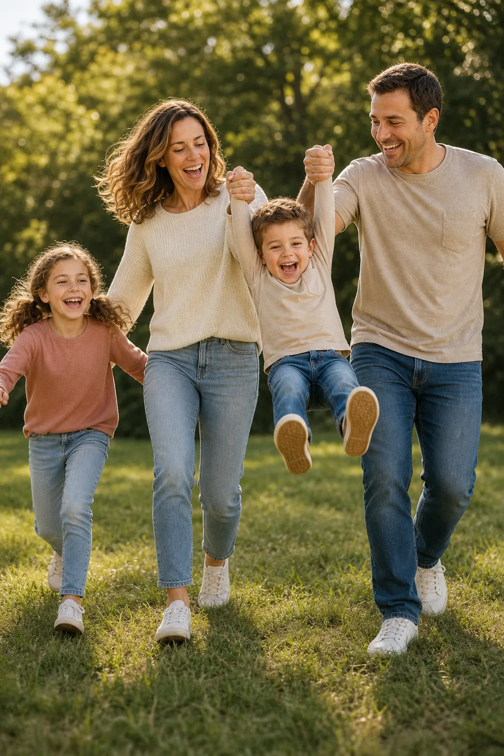 Two parents swinging their laughing four-year-old up between them by the hands while the older sister runs alongside.