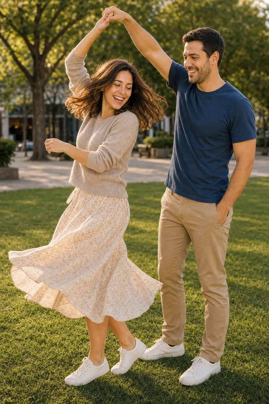 A couple mid-twirl outdoors, both laughing, a playful couple pose.