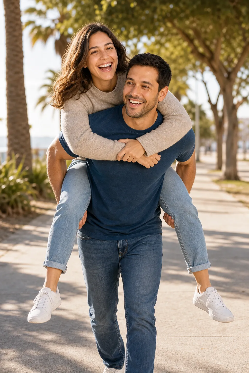 A couple doing a piggyback, both laughing, a fun couple pose.