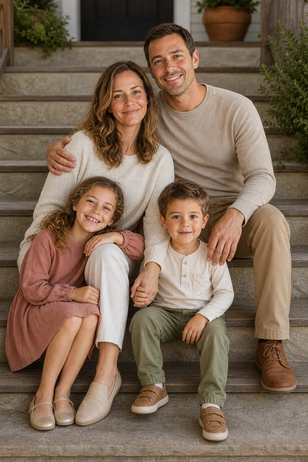 A family of four seated at staggered heights on outdoor steps, bodies angled toward each other with relaxed smiles at the camera.