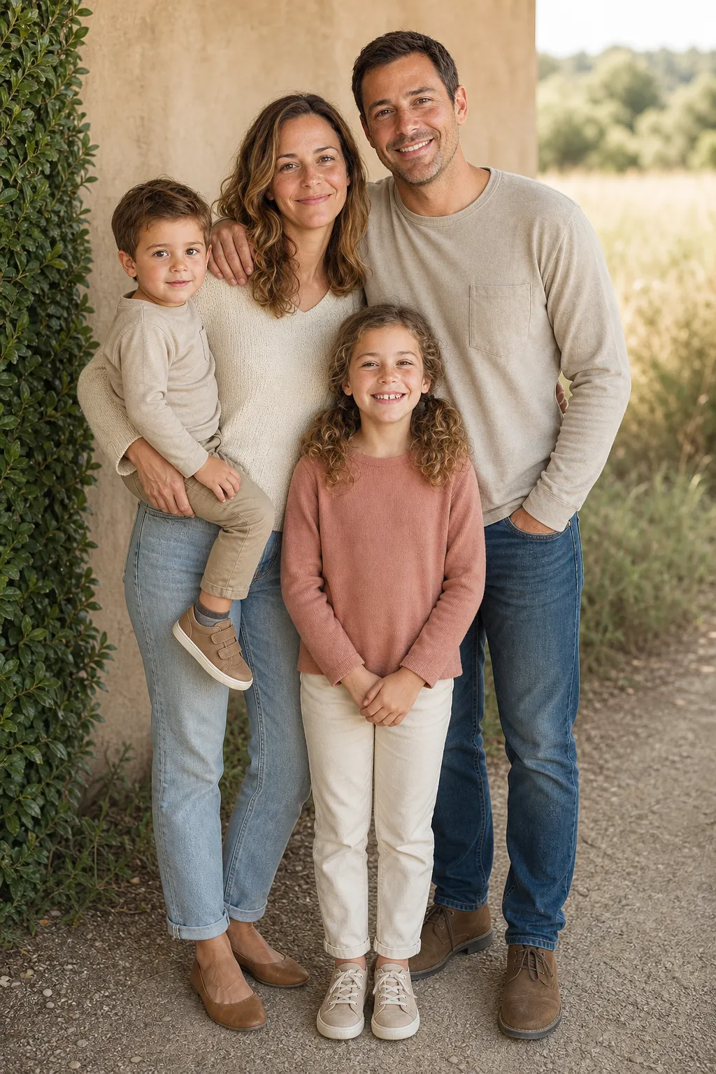 A family of four standing in a close clustered triangle, kids in front and parents angled inward behind, all smiling at the camera with no gaps between them.