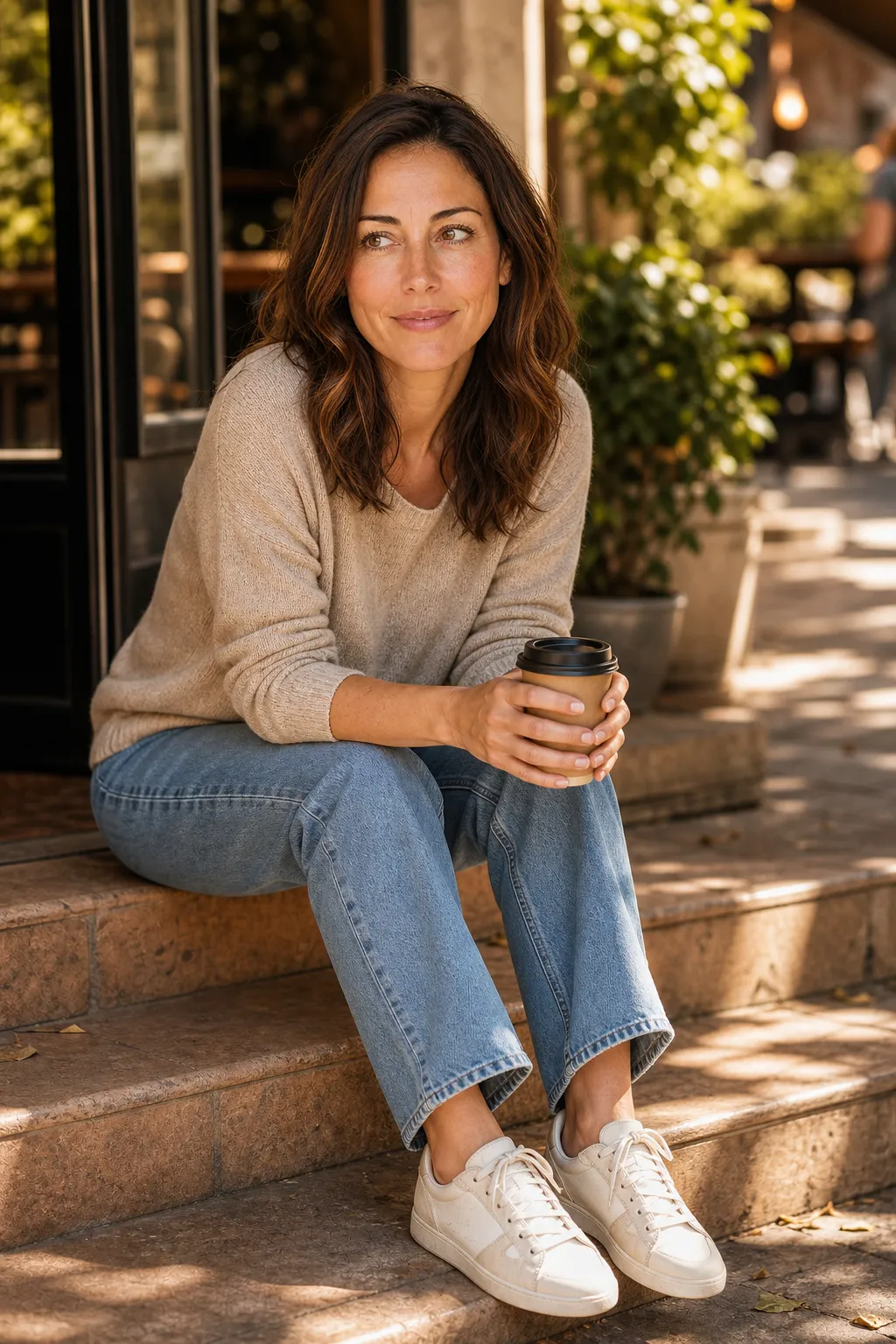 A woman sitting on sunlit cafe steps holding a coffee and looking off to the side, a candid sitting Instagram pose.