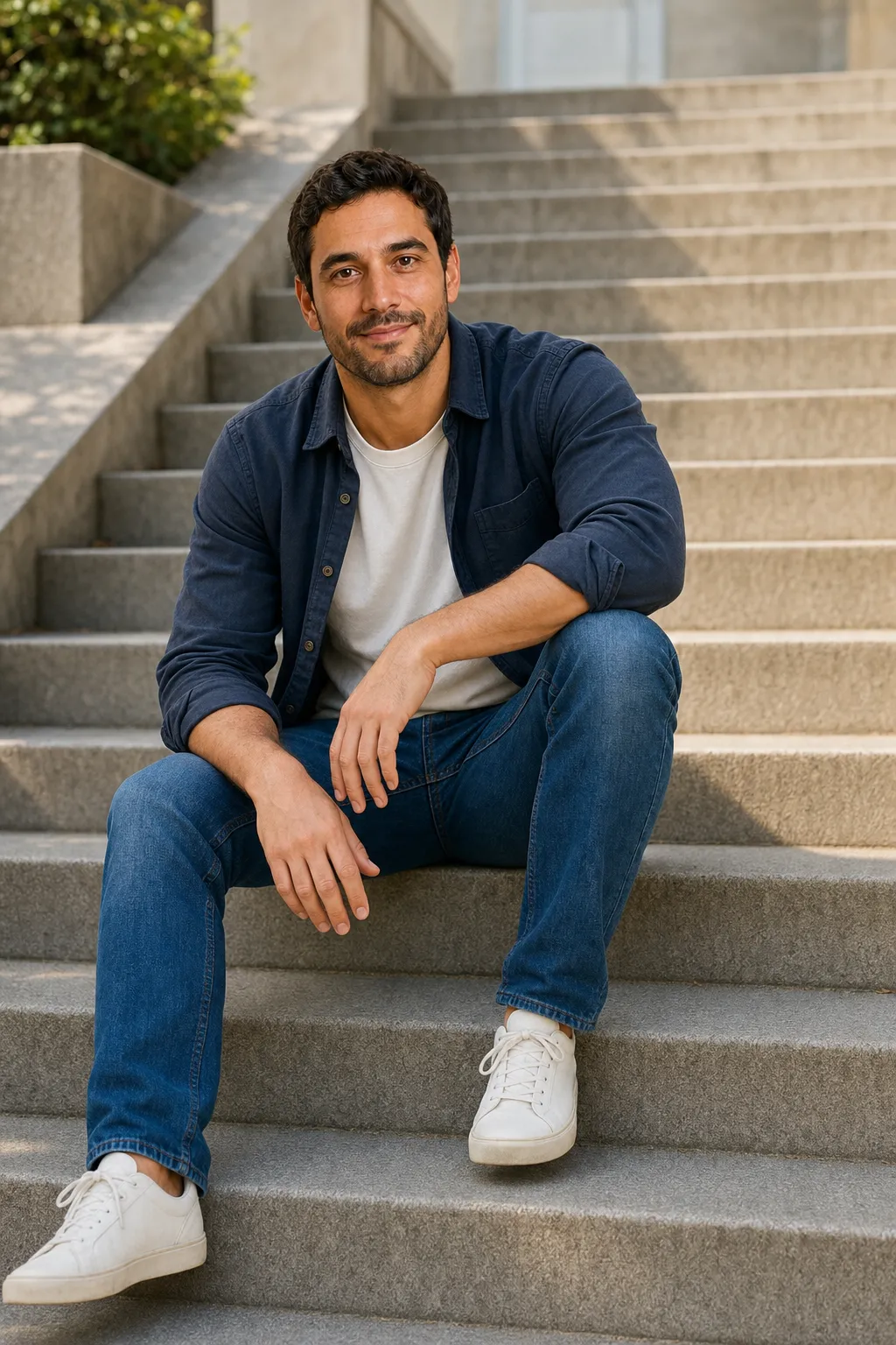 A man sitting on outdoor steps with one knee up and a forearm resting on it, leaning slightly forward, a relaxed seated photo pose.