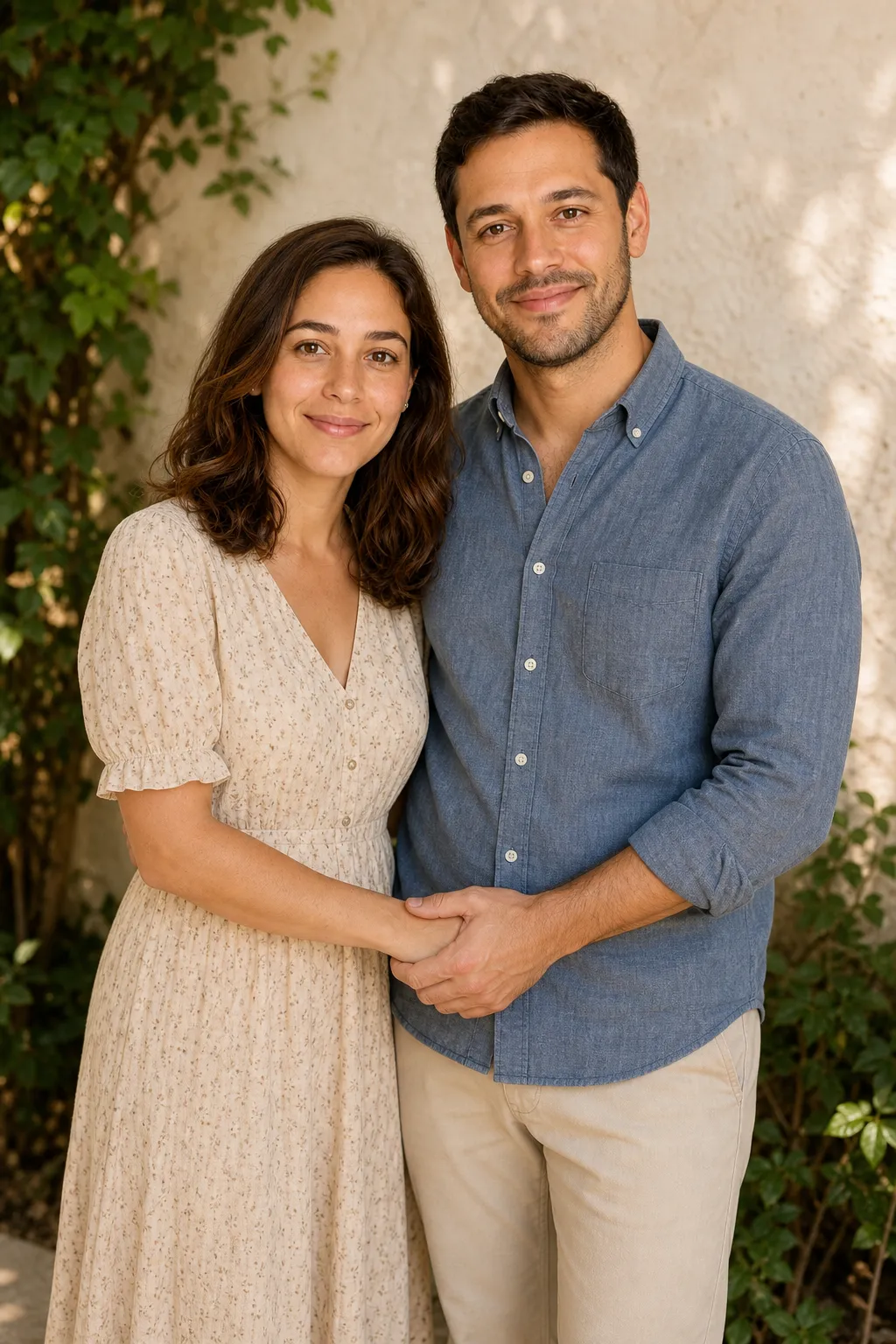 A couple standing angled toward each other with a hand at the back, a clean standing couple pose.