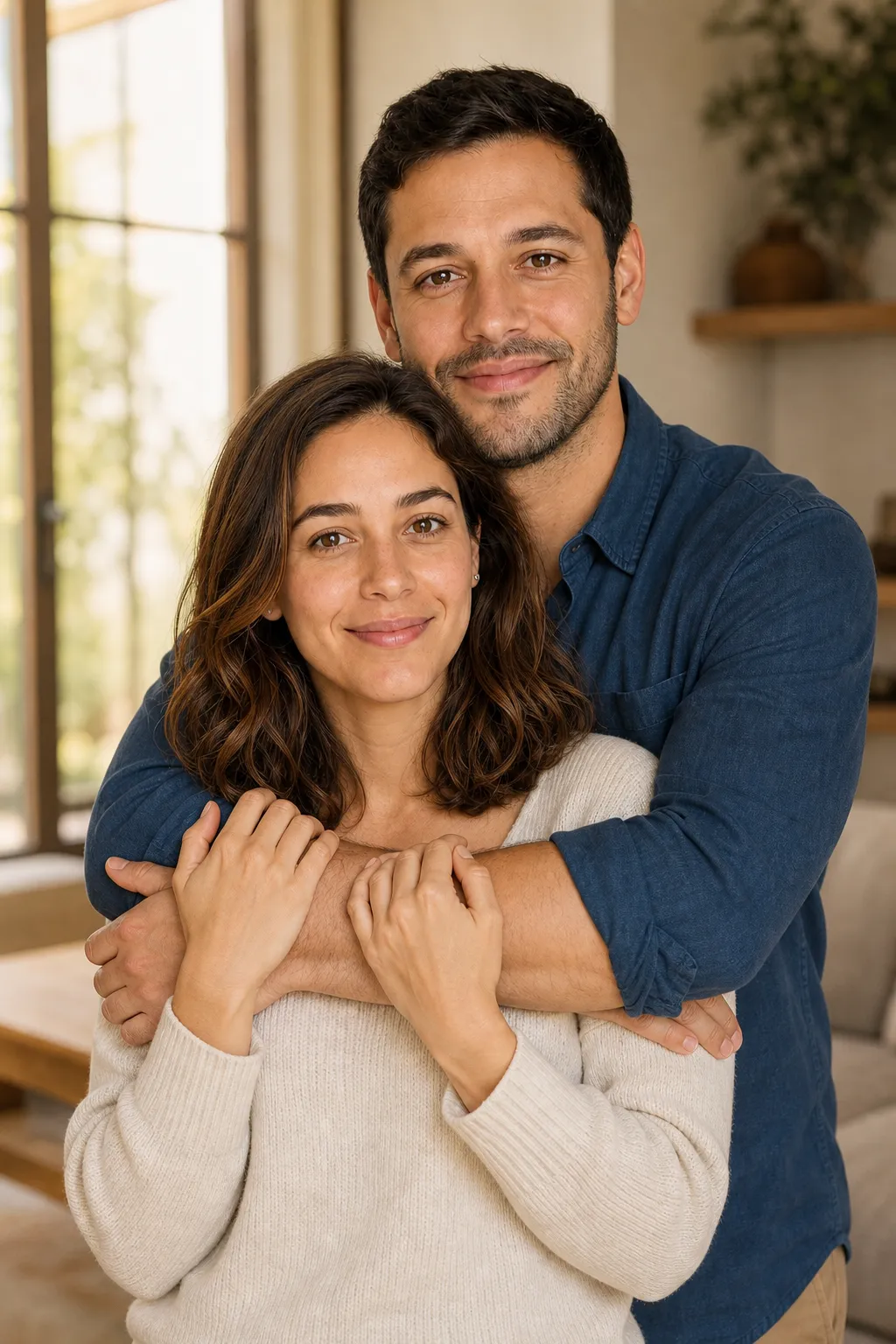 A couple with one partner wrapped from behind, both smiling at the camera, an announcement-ready couple pose.