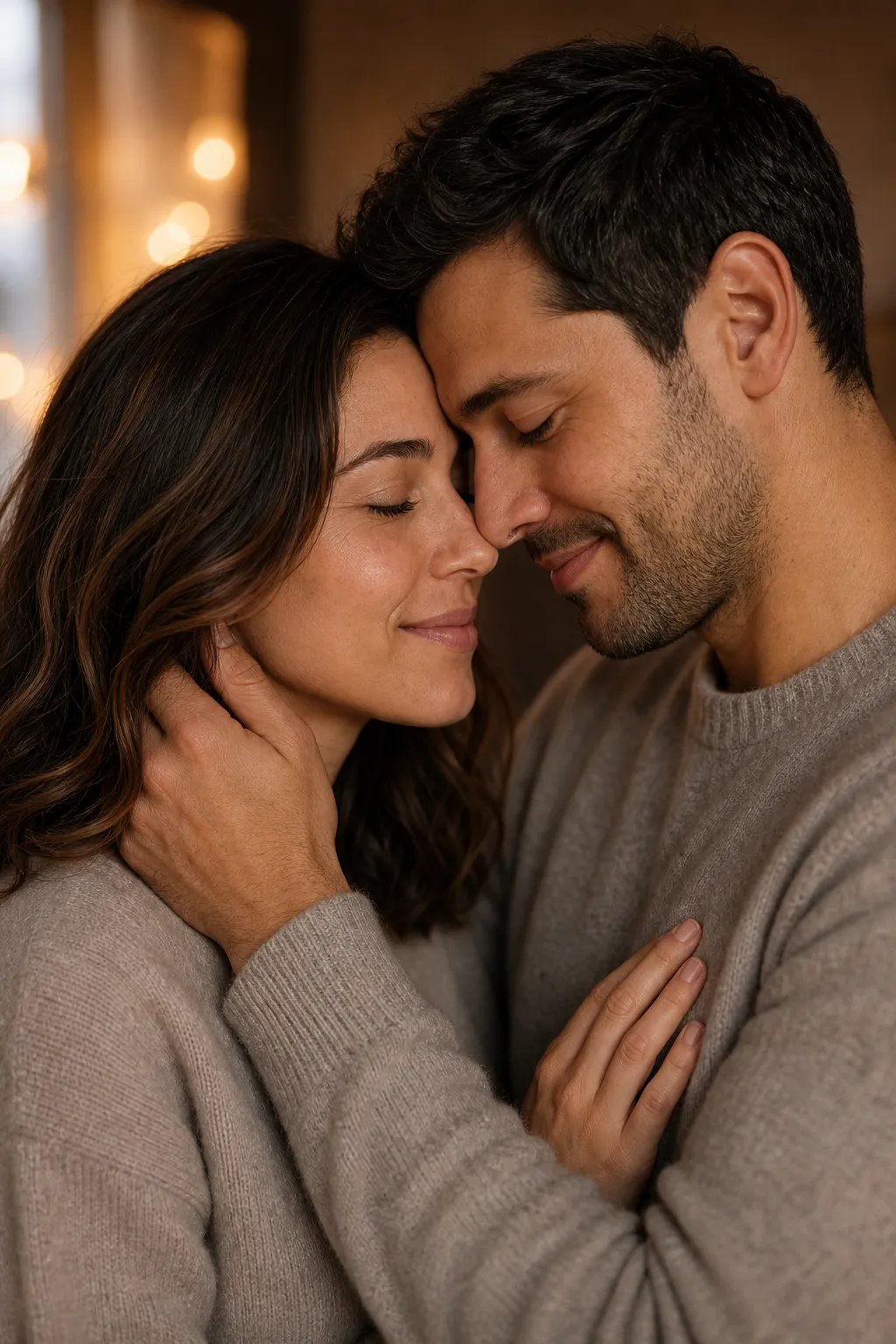 A couple forehead to forehead with eyes closed, a close romantic couple pose.