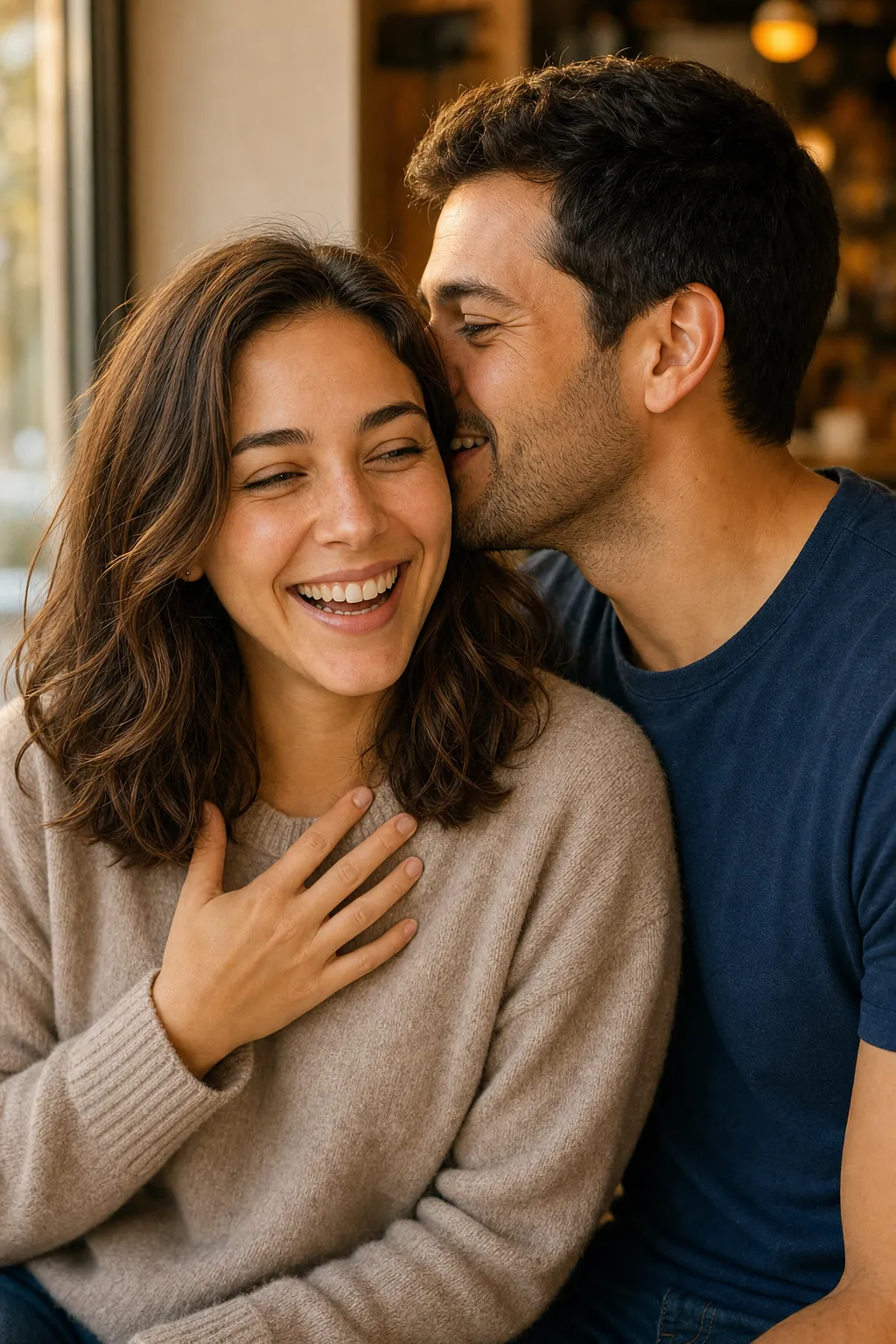 A couple cropped close, one whispering while the other laughs.
